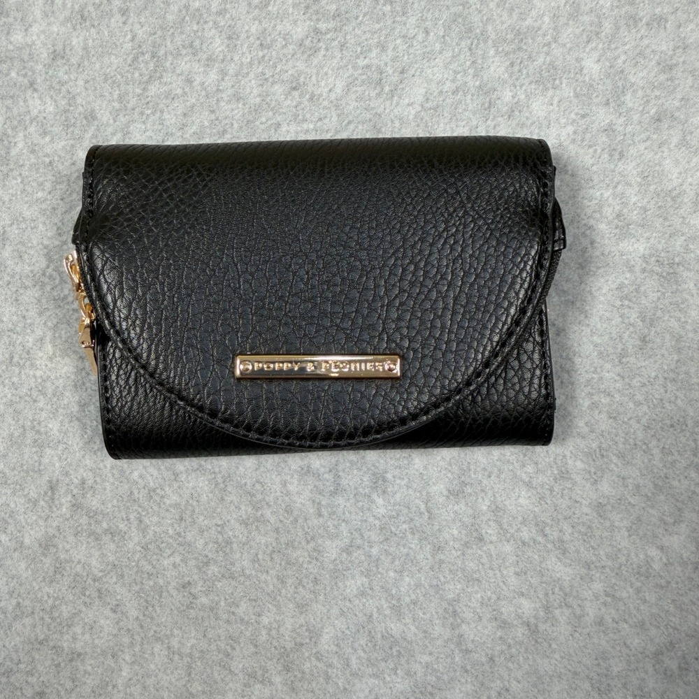 Poppy & Peonies Margaux Black Vegan Leather Trifold Wallet Pebbled Finish